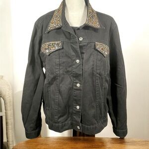 Size XL Black Denim Jean Jacket Animal Print Embellished Bling Collar